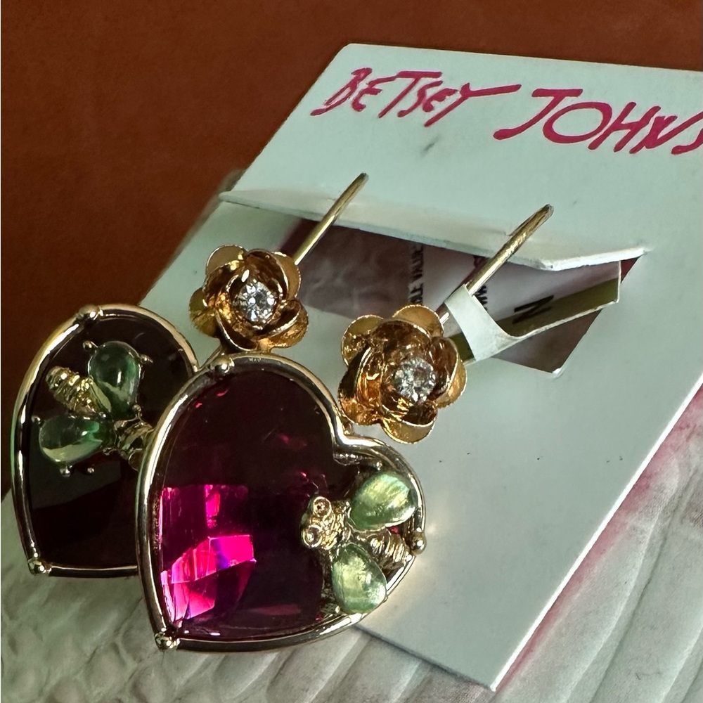 Betsy Johnson Heart-Shaped Pink Bee on heart Earrings